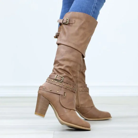 Motorcycle Heeled Boots For Rocker Biker Girls Below The Knee Tan Faux Leather - Picture 4 of 15